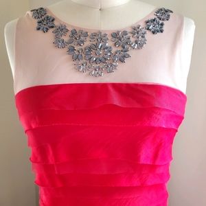 BCBG Red tiered dress with sparkling neckline